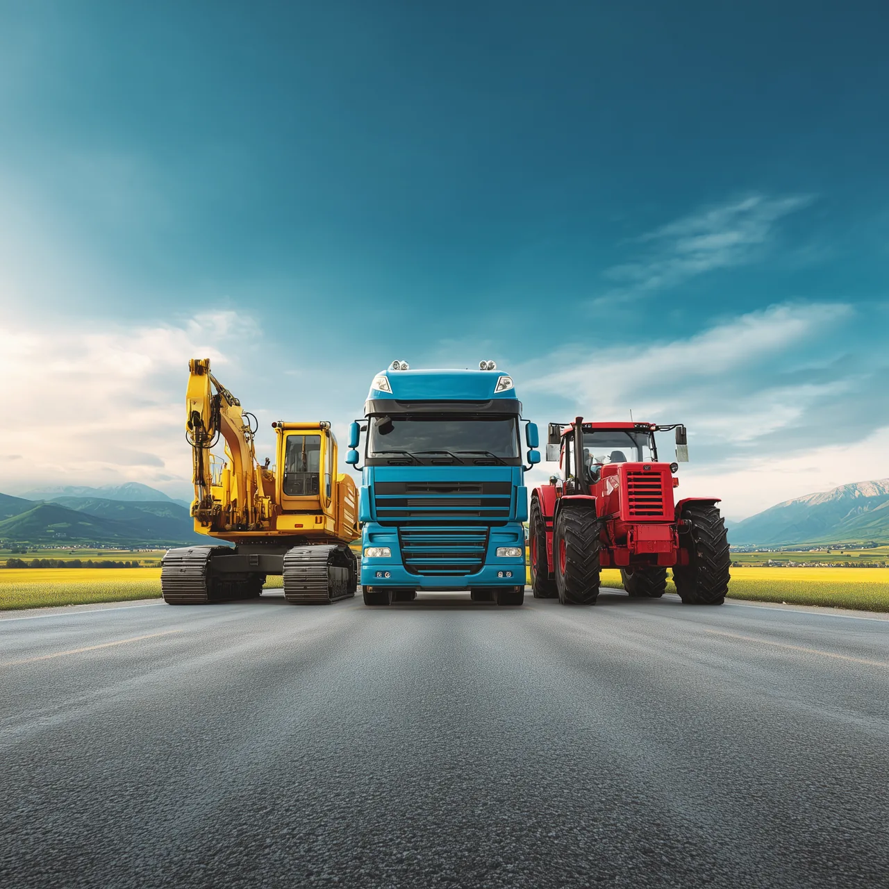 An excavator, semi-truck and tractor lined up on a road